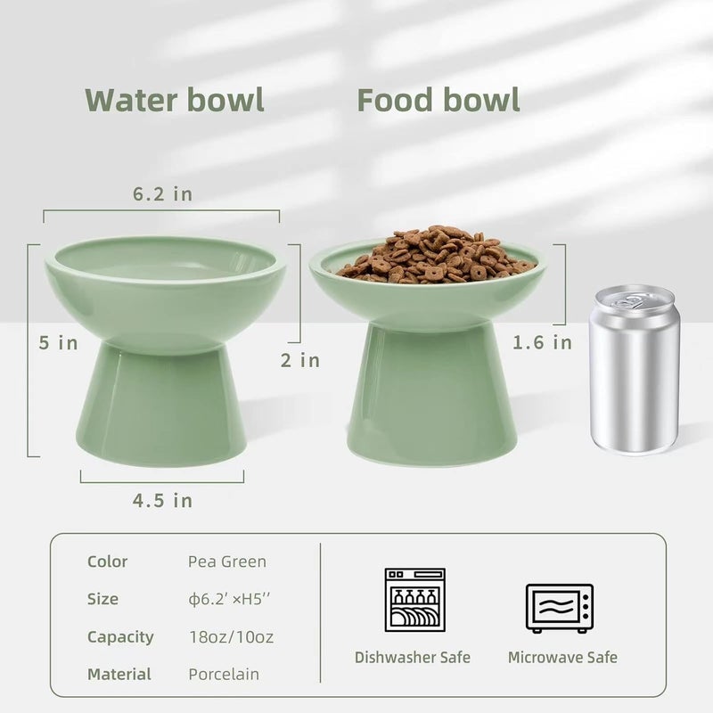 CEEFU 2 Elevated Ceramic Cat Bowls Extra Wide for Food & Water – Whisker Fatigue Shallow Food Dish, Lead & Cadmium-Free, Raised Height for Cats, Sage Green - Image 2